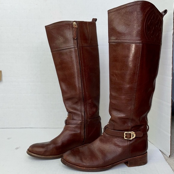 EUC Tory Burch Marlene leather tall riding brown logo boots - Picture 3 of 8